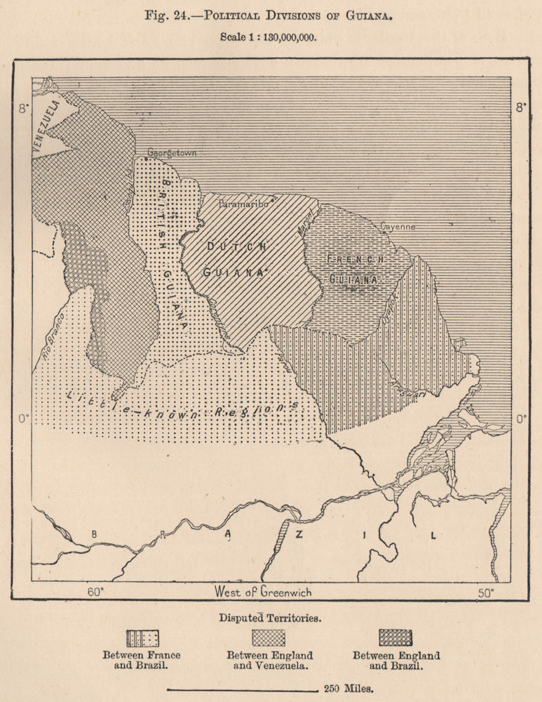 Political divisions of Guyana. French Dutch British Brazil Venezuela 1885 map